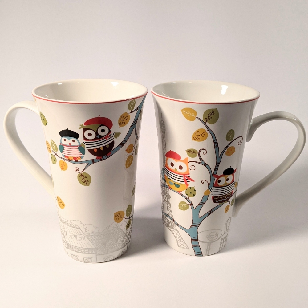 Fine china enchanted woods Paris owl coffee mugs